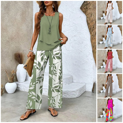 Set da 2 Pezzi Donna con Stampa alla Moda - Top Senza Maniche e Pantaloni Abbinati