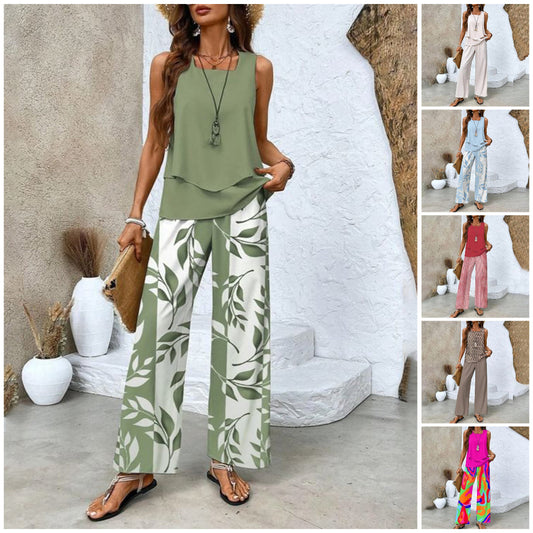 Set da 2 Pezzi Donna con Stampa alla Moda - Top Senza Maniche e Pantaloni Abbinati