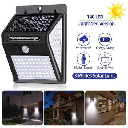 ☀️ Faretto Solare da Esterno 140 LED con Sensore di Movimento 💡 | Grandangolo 270° a 3 Lati e Impermeabile IP65 🌧️ | 3 Modalità di Illuminazione per Giardino e Garage 🏡