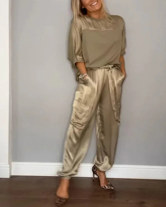 Set Di Top E Pantaloni In Satin Liscio A Mezze Maniche