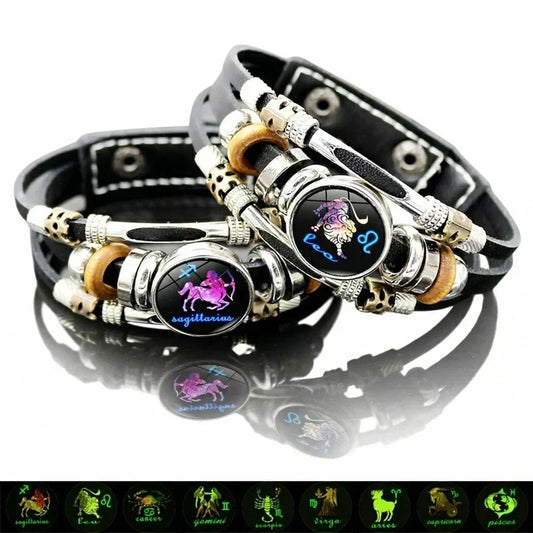 🔮 Braccialetto Zodiacale Fosforescente in Pelle – 12 Segni, Luminoso al Buio, Unisex, 2 Misure (17,5 / 20,6 cm) – Idea Regalo Originale per Uomo & Donna 🌙💛