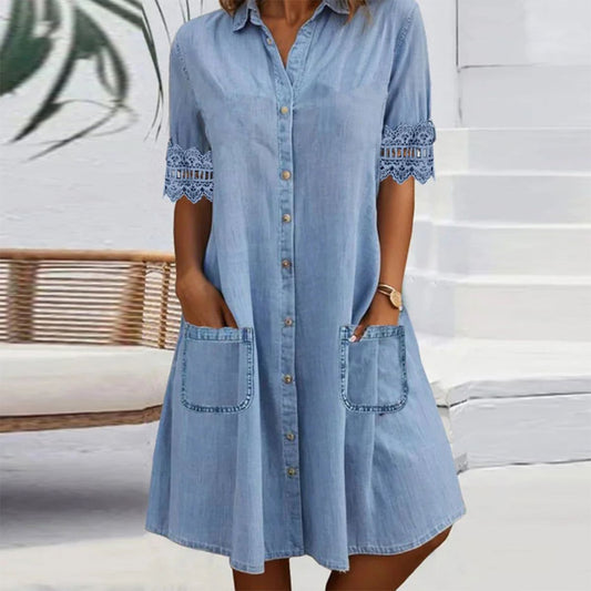 Vestito Mini in Denim Blu Tinta Unita con Colletto e Dettagli in Pizzo