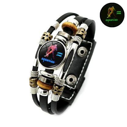 🔮 Braccialetto Zodiacale Fosforescente in Pelle – 12 Segni, Luminoso al Buio, Unisex, 2 Misure (17,5 / 20,6 cm) – Idea Regalo Originale per Uomo & Donna 🌙💛