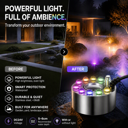 💨 Macchina Nebbia a Ultrasuoni con 12 LED – 24V 1A, 130x75x65mm, 230g, Nebbia Fredda Senza Sostanze Chimiche, Solo Acqua – Per Halloween, Fontane, Acquari & Umidificatori ✨🌈