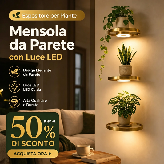 💡 Mensola Flottante LED per Piante ✨ - Illumina e Valorizza gli Spazi | Luce Calda | Design Moderno Salvaspazio | Finitura Dorata | Ricaricabile USB | Ideale per Pareti e Interni | 20 × 20 cm 🌿