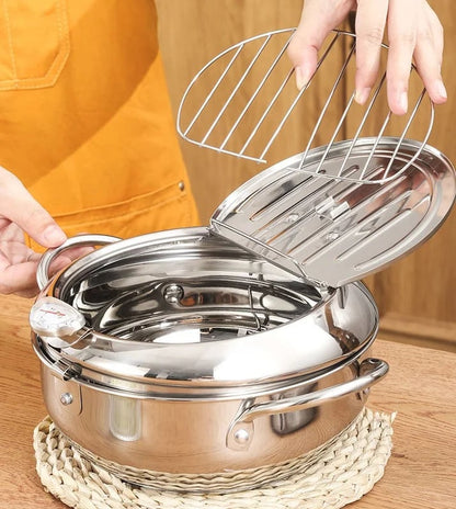 🍳 Friggitrice Profonda in Acciaio Inox 304 | Termometro Integrato per Controllo Temperatura | Filtro e Scarico Olio | 20 o 24 cm 🔥