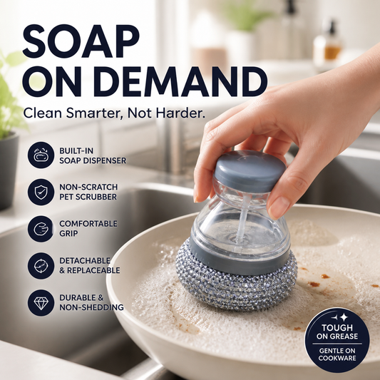 🧽Spazzola Lavapiatti con Dispenser Sapone 🧴 - Erogazione a Tocco | Setole in PET Antigraffio | Ideale per Pentole & Cucina | Testina Rimovibile