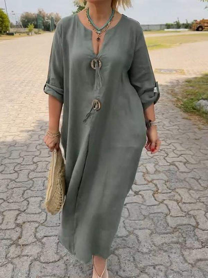 Abito casual a scollo a V in cotone e lino