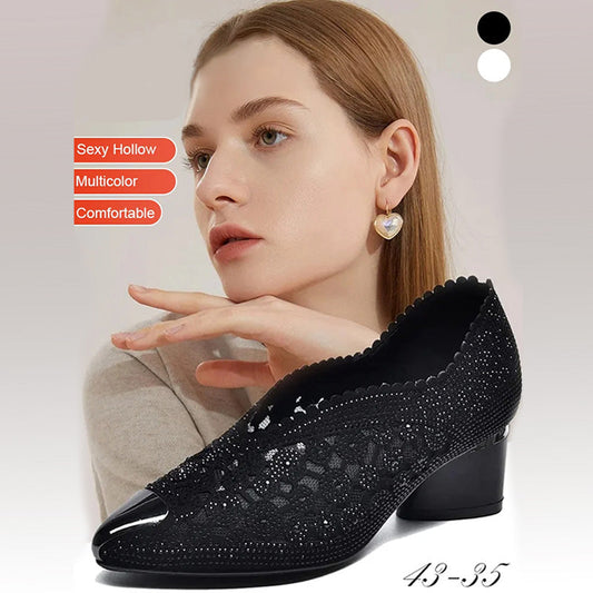 Sandali a rete con strass e tacco a blocco