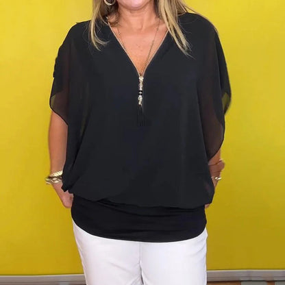 Top Da Donna Casuale In Chiffon Con Cerniera Sul Collo