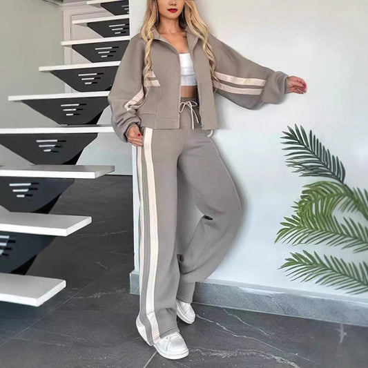 Set da Donna con Giacca Zip e Pantaloni Casual a Strisce