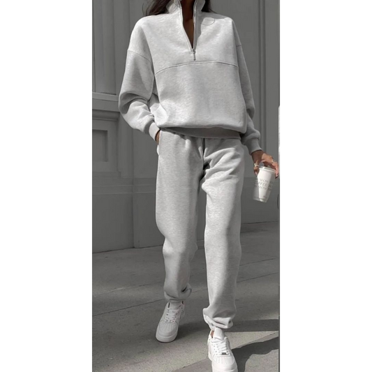 Set 2 Pezzi Top a Maniche Lunghe con Mezza Zip e Pantaloni Felpa Donna