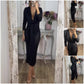 Vestito Aderente Donna con Maniche Lunghe, Scollo a V e Cintura Regolabile – Effetto Metallizzato