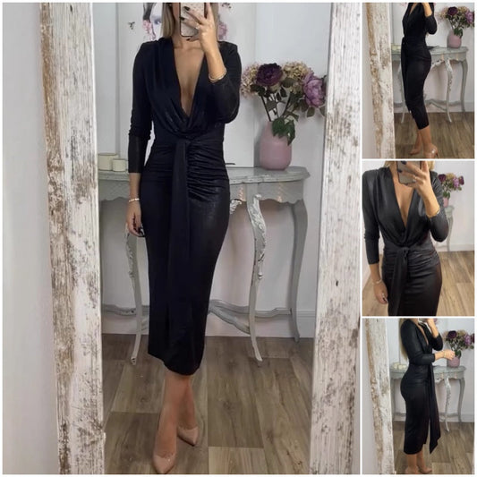 Vestito Aderente Donna con Maniche Lunghe, Scollo a V e Cintura Regolabile – Effetto Metallizzato