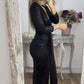 Vestito Aderente Donna con Maniche Lunghe, Scollo a V e Cintura Regolabile – Effetto Metallizzato