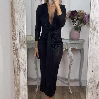 Vestito Aderente Donna con Maniche Lunghe, Scollo a V e Cintura Regolabile – Effetto Metallizzato