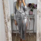 Vestito Aderente Donna con Maniche Lunghe, Scollo a V e Cintura Regolabile – Effetto Metallizzato