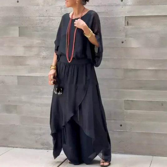 Top Sciolto & Pantaloni in Chiffon A Gamba Larga Con Spacco 2 Pezzi Set