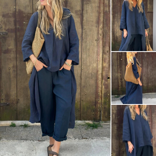 Set Estivo Larghi Donna con Top con Scollo a V e Pantaloni con Tasche