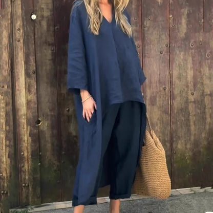 Set Estivo Larghi Donna con Top con Scollo a V e Pantaloni con Tasche