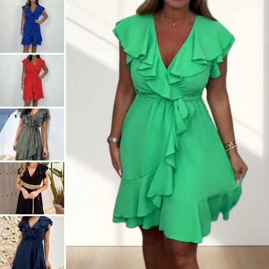 Abito elegante da donna con scollo a V con volant e cintura in vita