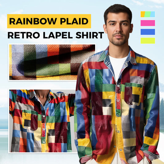 Camicia retrò con risvolto a quadri arcobaleno e tasche