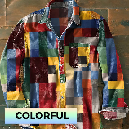 Camicia retrò con risvolto a quadri arcobaleno e tasche
