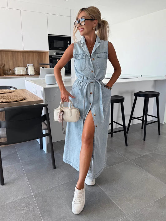 💐Speciali estive🌴Abito in denim con tasche e bottoni