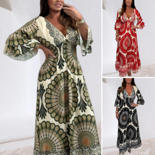 Abito Lungo da Donna Stile Boho Retrò con Scollo Profondo a V