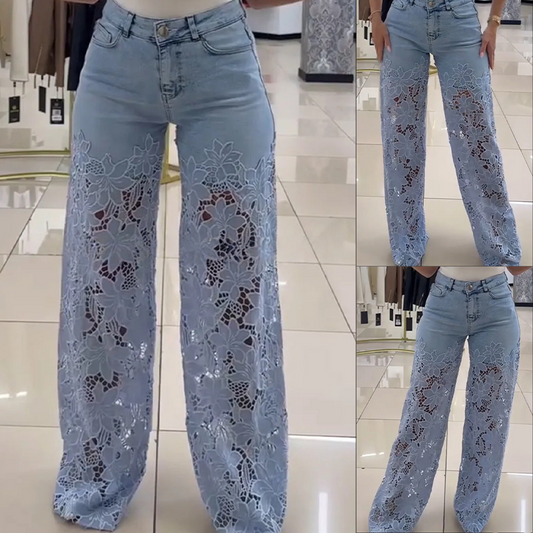 🌸Jeans a vita alta con cuciture in pizzo, caldi per l'estate