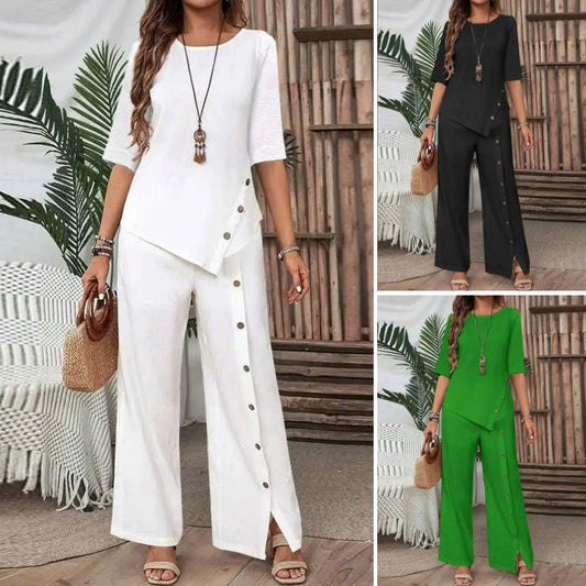 ✨Nuovi saldi -50%✨Set due pezzi da donna composto da top con orlo irregolare e pantaloni a gamba larga