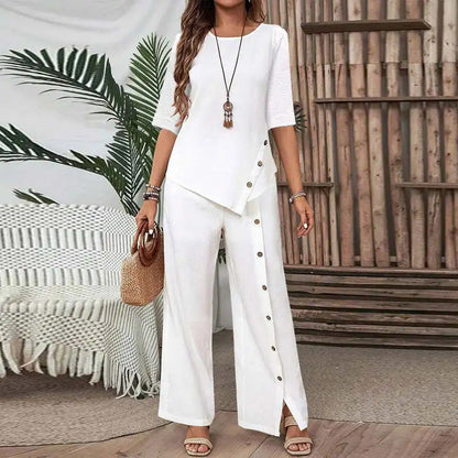 ✨Nuovi saldi -50%✨Set due pezzi da donna composto da top con orlo irregolare e pantaloni a gamba larga