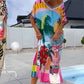 Abito da Donna alla Moda con Stampa, Manica Corta e Scollo a V