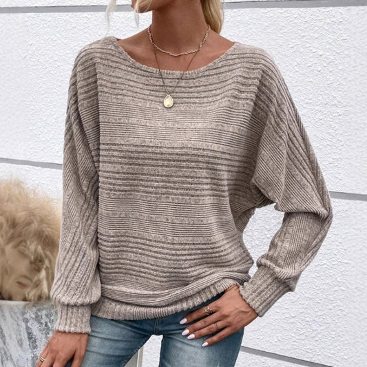 Maglia a Girocollo a Tinta Unita con Maniche Lunghe e Texture a Righe