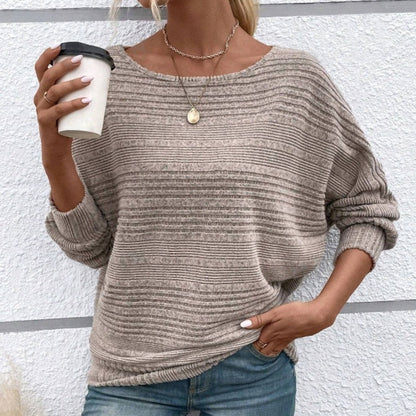 Maglia a Girocollo a Tinta Unita con Maniche Lunghe e Texture a Righe