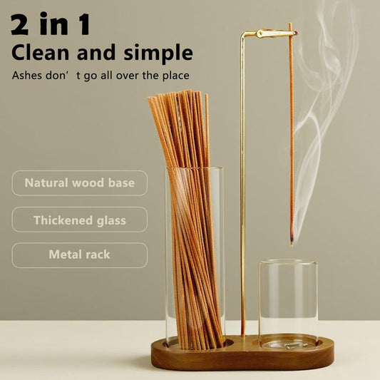 🕯️ Porta Incenso 2 in 1 in Legno Naturale – Doppio Bicchiere in Vetro | Clip in Acciaio | Raccoglie la Cenere | Per Yoga, Meditazione & Relax 🧘✨