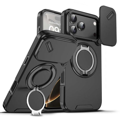📱 Custodia Magnetica Antiurto per iPhone con Supporto ad Anello 🔄 | Protezione Fotocamera, Porta Carte & Supporto Girevole | Ideale per Video, Videochiamate, Navigazione & Auto | TPU + Policarbonato