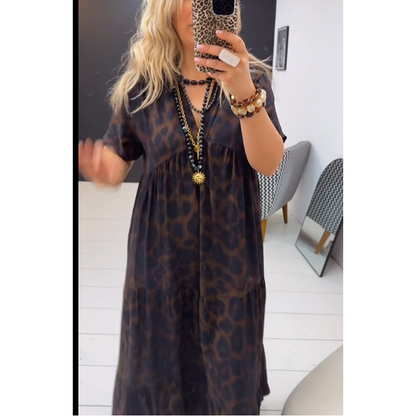 Abito lungo da donna con scollo a V e stampa leopardata