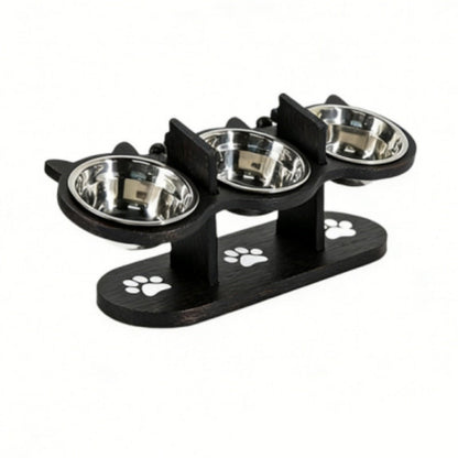 🐶🐱 Mangiatoia Rialzata Antiscivolo per Animali con 3 Ciotole in Acciaio Inox – Base in Legno 43x15,7x7,5cm, Ergonomica, 3 Colori – Per Cibo, Acqua & Snack ✨🐾