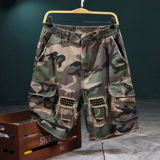 🔥 SCONTO DEL 50% ORA!⚡ Pantaloncini cargo da uomo con borchie e stampa mimetica – Effetto usurato, multitasche e vita elasticizzata – Pantaloncini cargo streetwear robusti 🛹