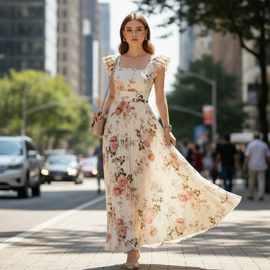 🌸Nuovi arrivi 2026🌸 👗 Elegante abito lungo plissettato con stampa floreale ✨ – Romantico scollo quadrato, maniche a volant e gonna floreale fluida🌷
