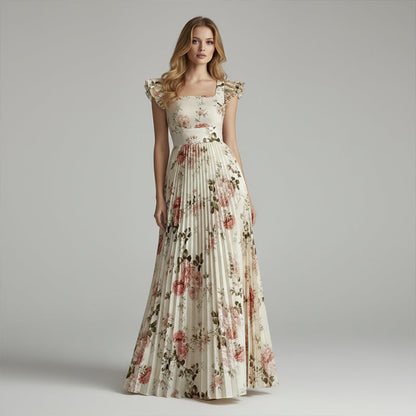 🌸Nuovi arrivi 2026🌸 👗 Elegante abito lungo plissettato con stampa floreale ✨ – Romantico scollo quadrato, maniche a volant e gonna floreale fluida🌷