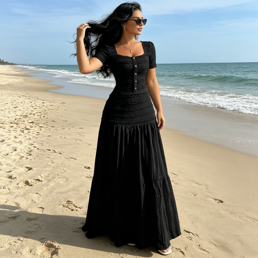 🌞 Eleganza Senza Sforzo! | 👗 Top Scollo Quadrato Flattering + Gonna Maxi Leggera, 🍃 Traspirante Tutto il Giorno, 👡 Perfetto per Passeggiate e Cene Estive, 💫 Stile Femminile e Comfort Assoluto