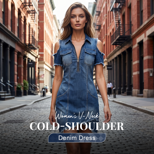 👖 SCONTO DEL 50% PER UN PERIODO LIMITATO! ✨ Abito in denim da donna con spalle scoperte – Scollo a V, ampio, stile boho 🌼