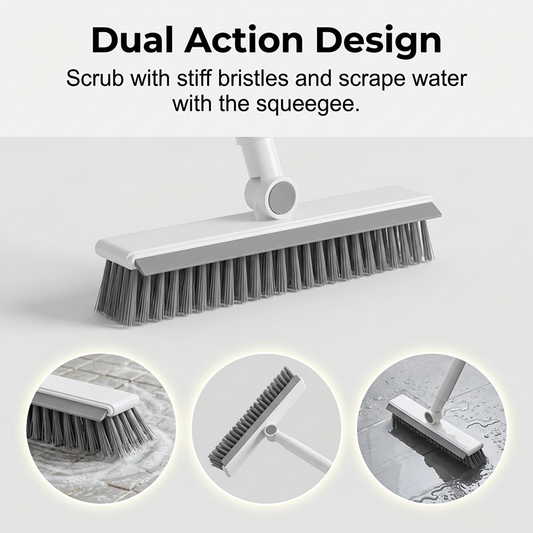 🧹Spazzola 2 in 1 per Fughe & Angoli con Tergipavimento – Manico Lungo in Acciaio Inox 106cm, Testa Snodabile 120°, Setole Rigide + Gomma Raschiante, 2 Colori – Per Piastrelle, Bagni & Pavimenti 🏠💧