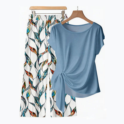🌿✨ Completo Donna 2 Pezzi – Top con Fiocco Laterale & Pantaloni con Stampa Botanica 💐 – Tessuto Premium Traspirante, Taglia Regolabile, S–5XL (EU34-54) 🌸
