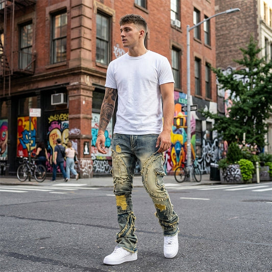 👖50% DI SCONTO! ✨ Jeans classici elasticizzati con gamba svasata da uomo – Lavaggio vintage e dettagli patchwork – Denim di alta qualità, perfetti per uno stile smart-casual – comodi ed eleganti 🔥