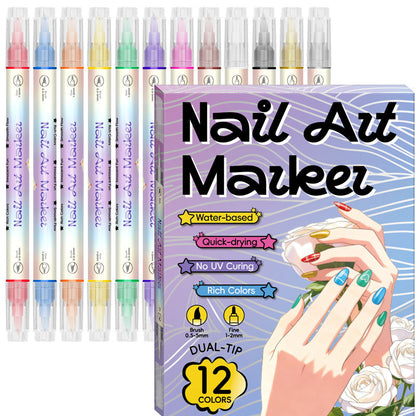 💅 Pennarelli Nail Art a Doppia Punta ✨ | Punta Fine di Precisione e Pennello Flessibile 🖌️ | Asciugatura Rapida all'Aria Senza Lampada UV 💨 | Colori Vivaci all'Acqua Fai-da-Te 🎨
