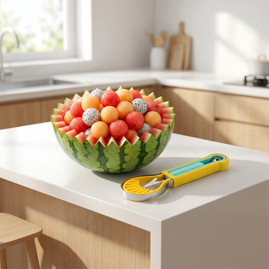 🍉 Set 3 in 1 Scavino per Melone, Intagliatore & Affettatore – Acciaio Inox, Impugnatura PP Antiscivolo, Impilabile, 6 Colori – Per Frutta, Dessert & Buffet 🍊🔪