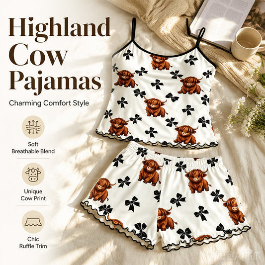 🌸✨ Set Pigiama con Canotta a Spalline - Motivo Mucca delle Highlands 🐄😴 | Tessuto Morbido | Bordi a Volant | Taglia S-XL | -50% 🔥